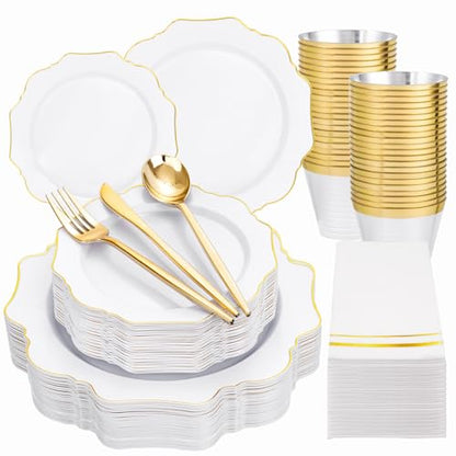 WDF 175Pcs Gold Plates Disposable - White and Gold Plastic Plates 25guest Plastic Dinnerware Ideal for Party/Wedding/Thanksgiving/Fall/Rosh Hashanah - color: White and Gold, size: 175 pieces