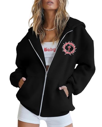 MNLYBABY Jesus Christian Zip Up Hoodie: Women Religious Sweatshirt Faith Shirt Bible Verse Fleece Jacket Tops - color: Black, size: X-Large