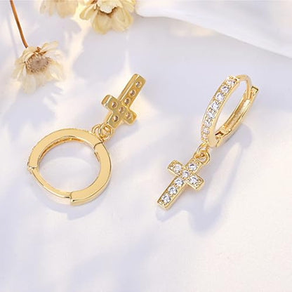 Cross Dangle Hoop Earrings for Women with CZ Stones - color: Gold