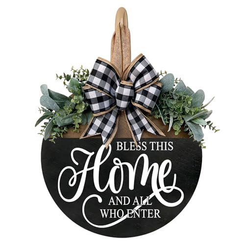 Bless This Home Welcome Sign for Front Door, Rustic Wood Wall Decor Porch Wreaths Hanging Door Decorations for Home Outdoor for Spring Summer Fall All Seasons Holiday - color: Black-14 Inch