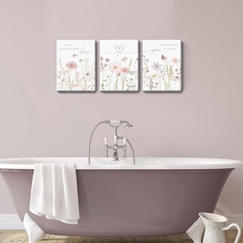 DAXINGJ Floral Wall Art Set of 3,Inspirational Neutral Botanical Heart Line - color: Pink Flower Love, size: 24"L x 16"W
