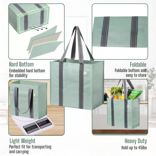 VENO 2/4 Pack Compact Reusable Grocery Shopping Bags with Hard Bottom - color: Light Green-4 Pack