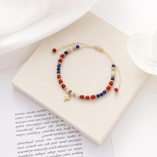 Christian Gifts for Women, Cross Bracelet, Natural Stone Beaded Jewelry - color: Red