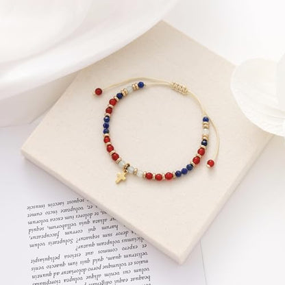 Christian Gifts for Women, Cross Bracelet, Natural Stone Beaded Jewelry - color: Red
