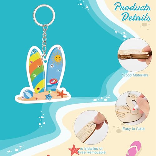 Bafeil 36 Pcs Summer Unfinished Wooden Crafts Kits Color Your Own Keychains - color: Summer Color Your Own Keychains