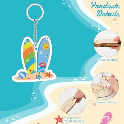 Bafeil 36 Pcs Summer Unfinished Wooden Crafts Kits Color Your Own Keychains - color: Summer Color Your Own Keychains