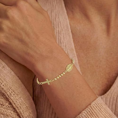 First Communion Gifts for Girls Virgin Mary Cross Bracelet Non Tarnish Baptism 1st Holy Communion Confirmation Gifts Christian Religious Catholic Jewelry - color: Godmother,Gold