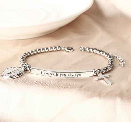 DS Women Christian Charm Bracelet,Cross Scripture Stainless Steel Jewelry - style: I am with you always-Silver