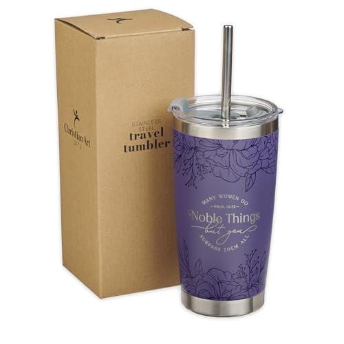 Christian Art Gifts Large Stainless Steel Insulated Travel Mug Tumbler & Reusable Straw: Women Do Noble Things Inspirational Scripture, Sturdy Flip Lid, Double Wall Vacuum, Cute Purple Floral, 18 oz. - color: Purple Floral/Noble Things
