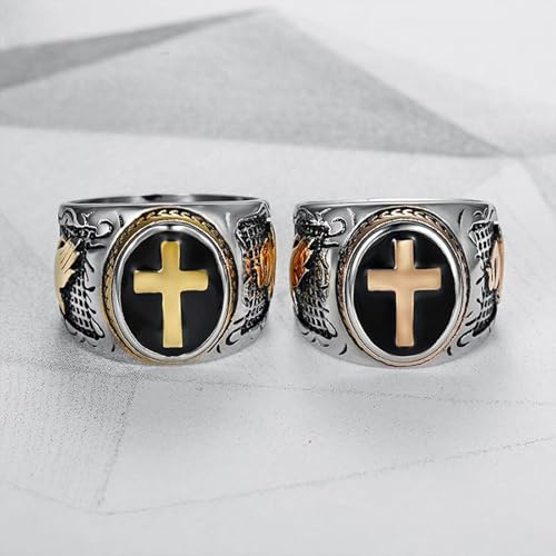 JAJAFOOK Men's Silver-Tone Stainless Steel Cross Ring - color: Rose Gold