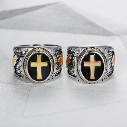 JAJAFOOK Men's Silver-Tone Stainless Steel Cross Ring - color: Rose Gold
