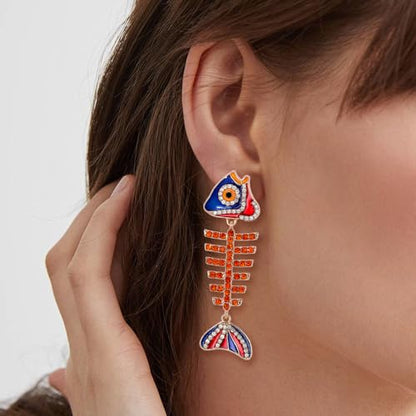 Fish Bone Earrings Drip Oil Animal Earrings Colorful Crystal Sparkly Enamel Earrings Creative Long Fishbone Earstud Dangle Fish Drop Earrings Jewelry for Women - color: Red-1