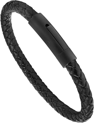 LUXAR Men’s Bracelet - Genuine Black Leather Bracelet with Stainless Steel Clasp or 8mm Matte Black Onyx Stone Bead Bracelet - Minimalist Designer Jewelry for Men - color: Black Leather Round Clasp, size: Medium
