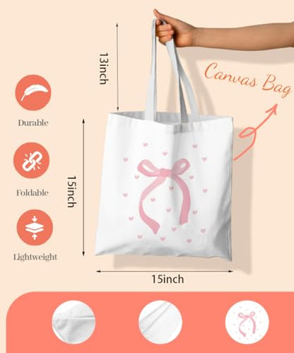 Coquette Bow Bible Canvas Tote Bag for Women Teens Teen Girls, Pink Bow Girls Tote Bag, Coquette Gifts - color: Pink Bow