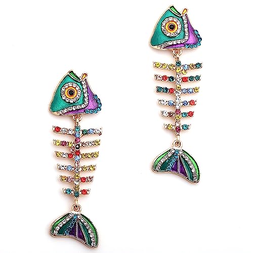 Fish Bone Earrings Drip Oil Animal Earrings Colorful Crystal Sparkly Enamel Earrings Creative Long Fishbone Earstud Dangle Fish Drop Earrings Jewelry for Women - color: Colours