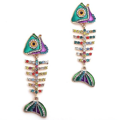 Fish Bone Earrings Drip Oil Animal Earrings Colorful Crystal Sparkly Enamel Earrings Creative Long Fishbone Earstud Dangle Fish Drop Earrings Jewelry for Women - color: Colours