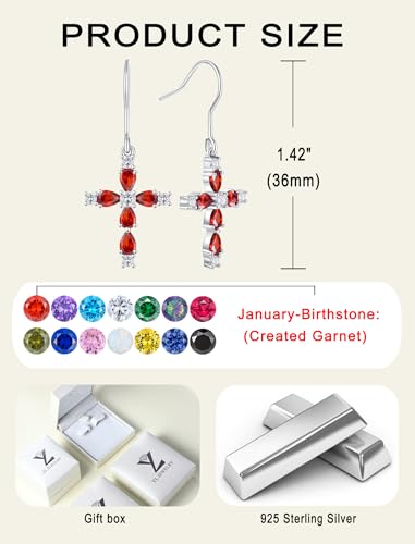 YL 925 Sterling Silver Cross Dangle Earrings Halo Birthstone Hook Earrings Religious Jewelry for Women - color: 1-garnet-Jan