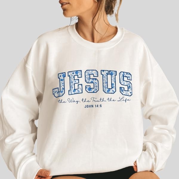 FITIN Unisex Jesus The Way The Truth The Life Christian Sweatshirt John 14:6 Floral Faith Pullover Neutral - color: White, size: Medium