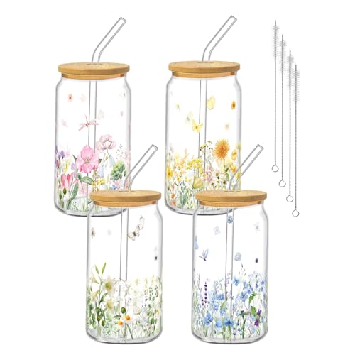 Glass Cups with Lids and Straws, 4Pack, 16oz, Floral Nature - style: 4Pcs Wildflower