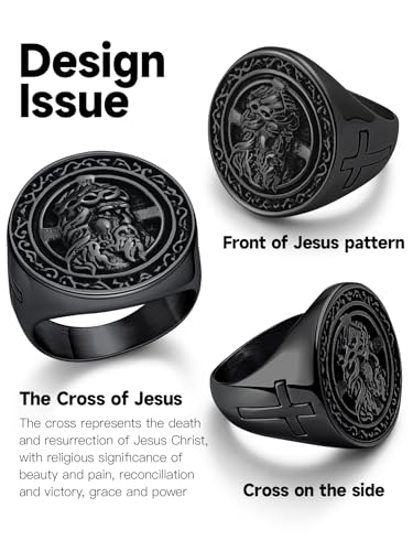 Christian Cross Rings for Men - Stainless Steel Jesus Jewelry with Celtic Knot Sides (Gold/Black/Silver) - Catholic Religious Gift, Size 7-13 - color: I: Black-Jesus