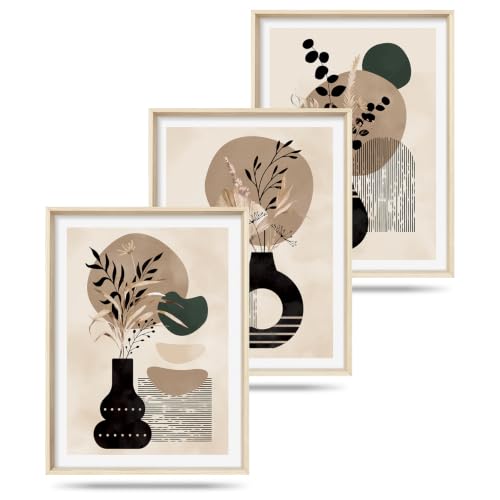 HOURIA Mid Century Modern Black Vase Framed Canvas Wall Art Set- 12"x16"x3 - color: Boho Vase Botanical Wall Art, size: 12"L x 16"W