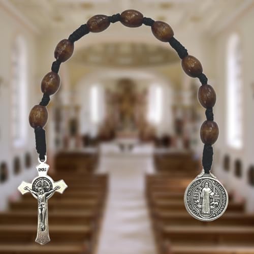 Pocket Rosary, Prayer Beads with Saints Medal and Cross/Crucifix - style: St Benedict, 9 Beads, Dark Brown Wood, Chaplet Chain