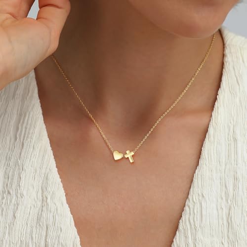 Baptism Gifts for Girls, 14K Gold Plated Heart Cross Necklace for Daughter Granddaughter Niece Sister Confirmation First Communion Christian Religious Gifts 16+3 Inches - style: First Communion Heart Cross Necklace