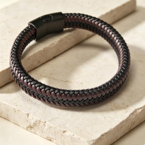 Kim Carrey Italian Handmade Leather Bracelets for Men - color: Brown Braided, size: 8.2"