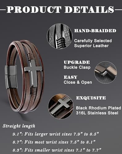 YL Cross Masonic Leather Mens Bracelet, 18K Gold/Black Rhodium Plated Christian Religious 316L Stainless Steel Brown Cuff Handcrafted Jewelry Gifts - color: Cross A-Black, size: 8.3"(210mm)