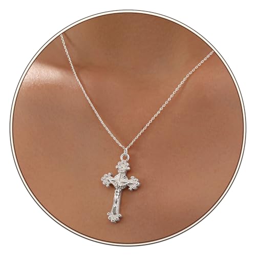Partm Gold Cross Necklace for Women 14K Plated Dainty Pendant Cross Chain Faith Crucifix Choker Baptism Necklace for Women Trendy Religious Jewelry Hypoallergenic - color: Baroque Cross-Silver