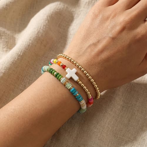 Gold Pearl Beaded Cross Bracelets Stack Set for Women, Boho Handmade Colorful Small Beads Stretchable Jewelry Friendship Summer Trendy Gift. - color: Rainbow Gold White