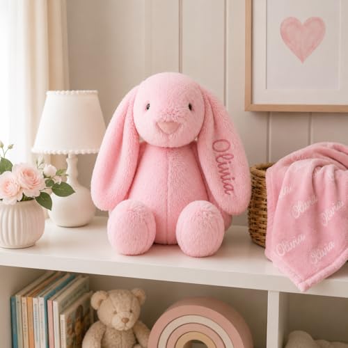 Personalized Embroidered Pink Stuffed Bunny, Custom Name Plush Rabbit Lovey for Baby Girl, Pink Bunny, Baptism Gift, Easter Basket Stuffers, Minky Name Blanket (Pink Bunny) - color: Pink Bunny