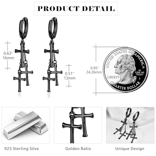 Cross Earrings 925 Sterling Silver Cross Dangle Earrings Christianity Jewelry Gift for Men Women - style: 3 Cross-Black