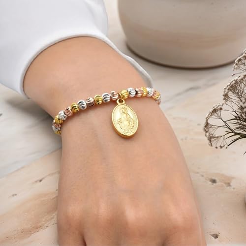 Rnivida 14K Gold Plated Stainless Steel Catholic Rosary Bracelet for Women,Religious Gift for Confirmation Baptism First Communion Easter - color: Three Tone