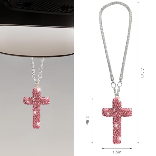 Cross Car Rearview Mirror Ornament, Shiny Rhinestone Cross Auto Rear View Mirror Pendant, Bling Religious Charms Interior Decor for Most Vehicles Rearview Mirrors (Pink) - color: Pink