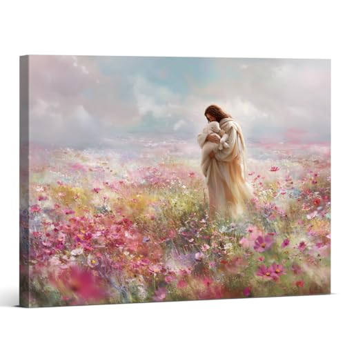 Jesus the Shepherd Wall Art Decor Christian Jesus Lamb Pink Flowers Canvas Print Painting Spring Easter Wall Decorations for Home Farmhouse 8x10 Inch Framed - color: Christ-1