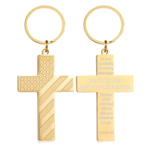 DuoDiner Cross Keychain for Men American Flag Bible Verse Christian Gifts - color: Gold, style: Joshua 1:9