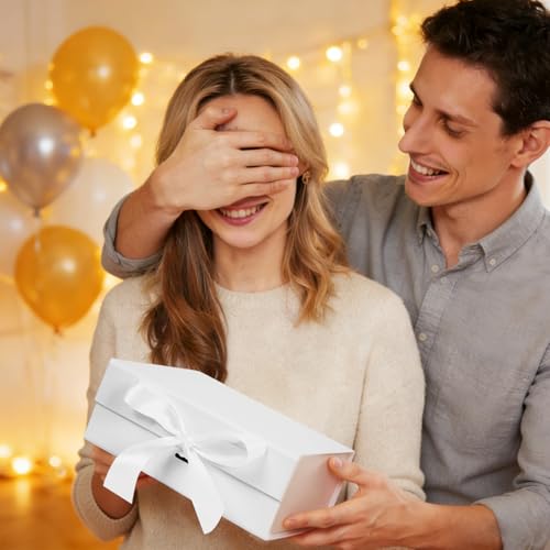 Aimyoo Large White Gift Box with Ribbon, 11.5x8.6x4.1 inch Groomsman Proposal Box for Presents with Magnetic Closure Lids, Rectangle Collapsible Luxury Box for Wedding, Christmas, Halloween, Birthday - color: White 11.4x8.8x4.2 inch-1 Pack