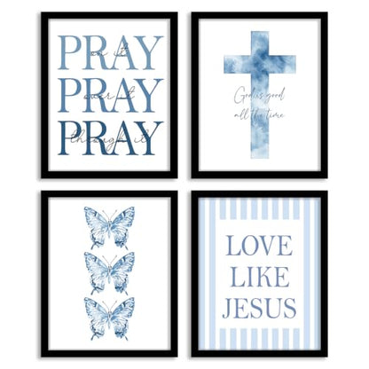 WEFKODO Christian Bible Verse Wall Art Decor Pray Posters 8x10 Unframed - color: Cross Blue Pray