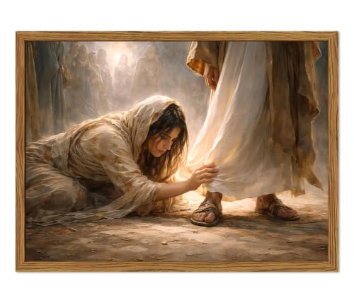 Framed Christian Jesus Wall Art, Woman Touching the Hem of Jesus Garment Wall Decor Paintings, Bible Faith Pictures Canvas Prints Religious Home Decor Artwork for Living Room Bedroom Church 12x16 Inch - color: Jesus, size: 16"L x 12"W