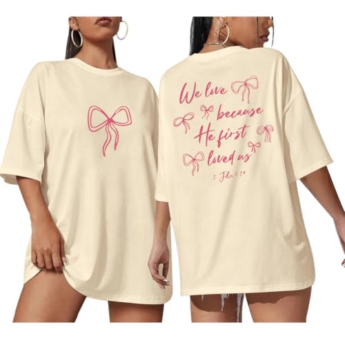 Christian Faith Bow Shirts for Women Cute Coquette Shirt Jesus Religious Tshirts Bible Verse Oversized Graphic Tee - color: Apricot, size: Small