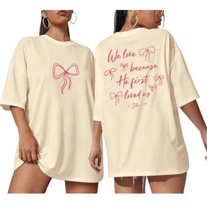 Christian Faith Bow Shirts for Women Cute Coquette Shirt Jesus Religious Tshirts Bible Verse Oversized Graphic Tee - color: Apricot, size: Small