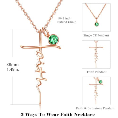 PRAYMOS Faith Cross Necklace for Women 925 Sterling Silver Pendant Necklace With Birthstone Initial Christian Religious Confirmation Baptism Mothers Day Gifts - color: 4-Rose Gold June(Alexandrite )