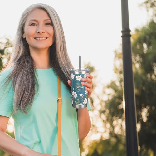 Christian Art Gifts Large Stainless Steel Double Wall Vacuum Insulated Travel Tumbler for Mothers: Love You, Mom, Inspiring Scripture, Hot/Cold, Flip Top Lid, Resusable Straw, Dark Teal Floral, 18 oz. - color: Dark Teal Floral/Mom