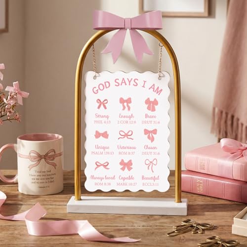 Pink Bow Room Decor, Pink Bow Christian Metal Hanging Wood Sign, Inspirational Bible Verse Quotes Gifts for Women, Coquette Centerpieces Decor for Office Desk Accessories