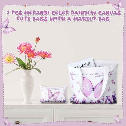 Reginary 2 Pcs Canvas Tote Bag Makeup Pouch Set - color: Purple, style: Butterfly Lavender