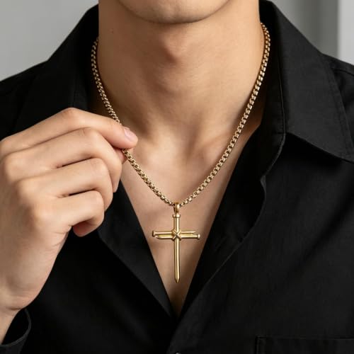 Men's Nail Cross Crucifix Necklace, Stainless Steel Nail Cross Pendant with 24 Inch Box Chain, Silver/Gold/Black Religious Christian Jewelry Gift for Baptism Father's Day Birthday - color: Gold