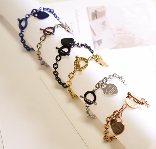 Heart Charm Bracelet Plated 18K Gold/Silver/Rose Gold Bible Scripture Heart Bracelet for Women Jewelry Gift Her Link Chain OT Clasp Stainless Steel - color: Black（7.1 inch）