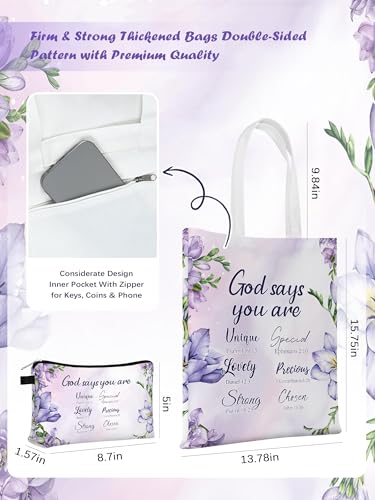 12 Pcs/6 Sets Christian Gifts Bible Verse Canvas Tote Bags and Makeup Bags Thickened Double Sided Bulk Floral Cosmetic Bag Pencil Pouches for Women Inspirational Mothers Day Church Floral Religious