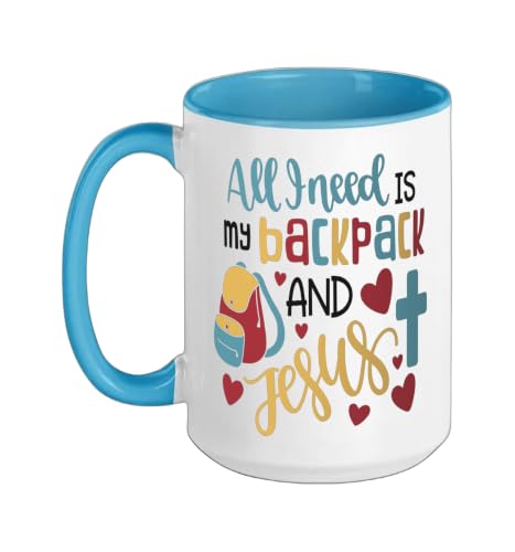All I Need Is My Backpack and Jesus School Christian Kids Ceramic Mug, Blue/White, 15oz - color: Blue/White, size: 15 Ounces